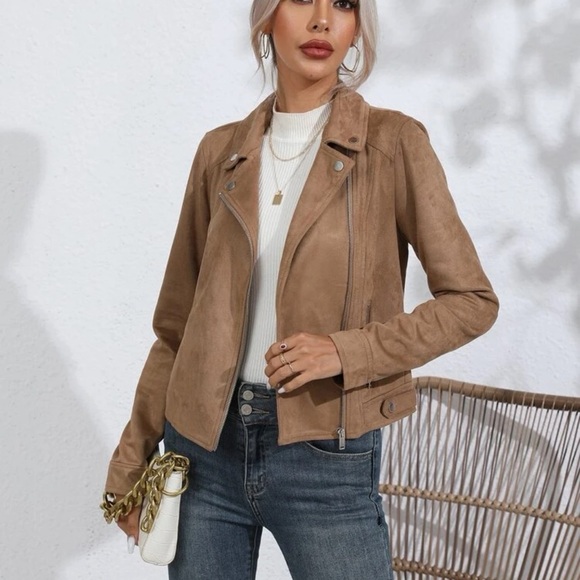 vegan suede Zip Up Solid Moto Jacket camel brown tan - Picture 1 of 12